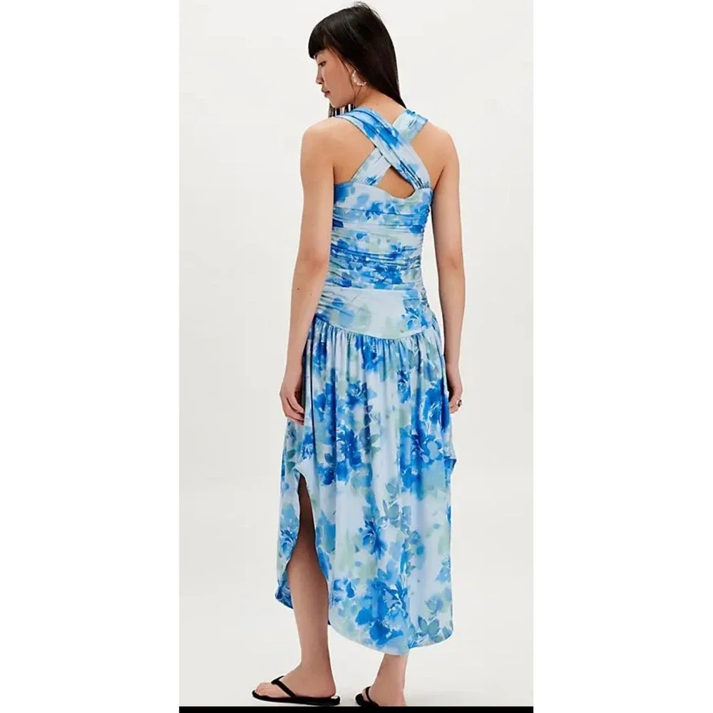 Free‎ People Aqua Combo Blue Floral Ruched Halter Maxi Dress Size M